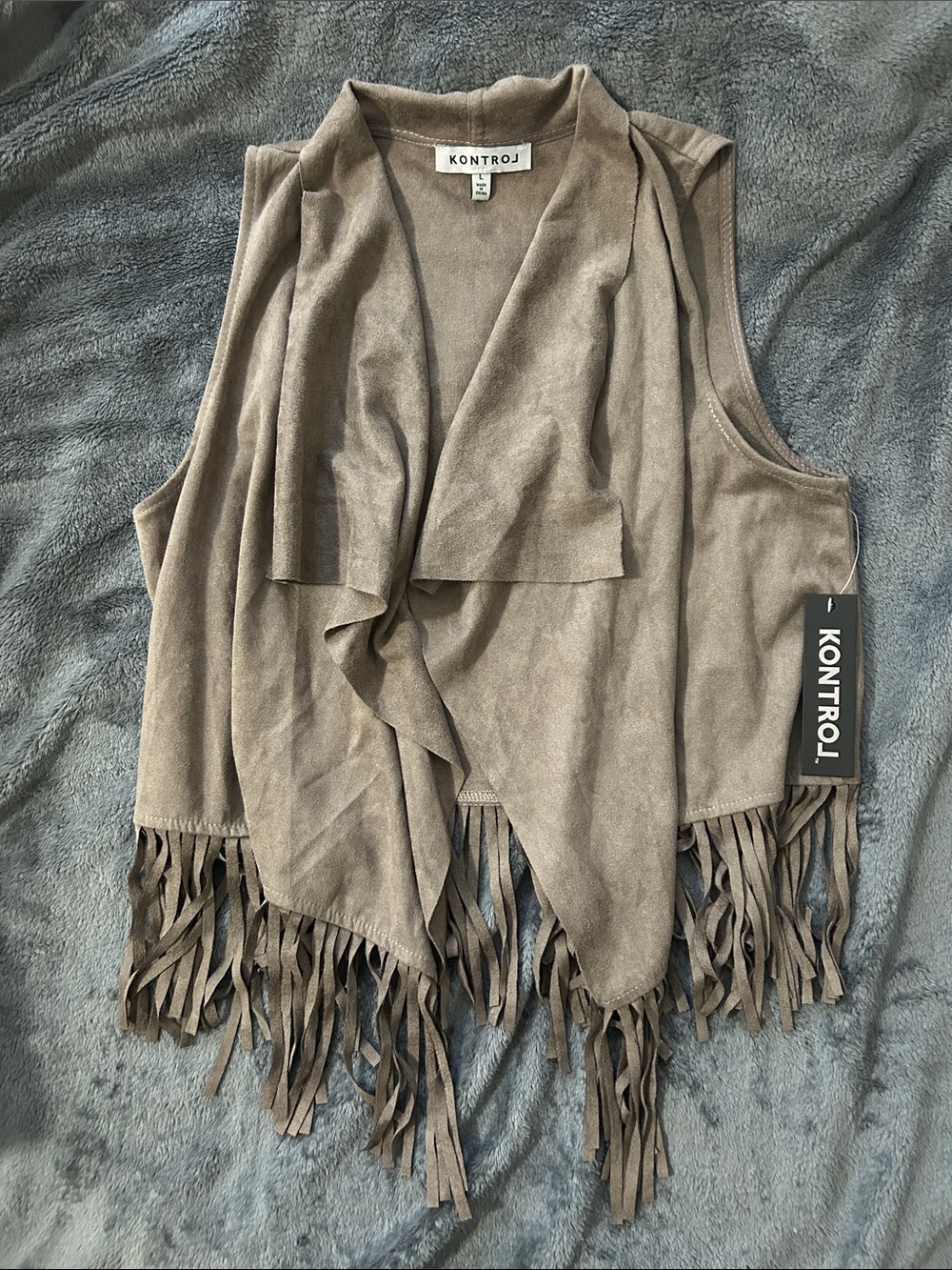 Kontrol Faux Suede Fringe Vest in Taupe